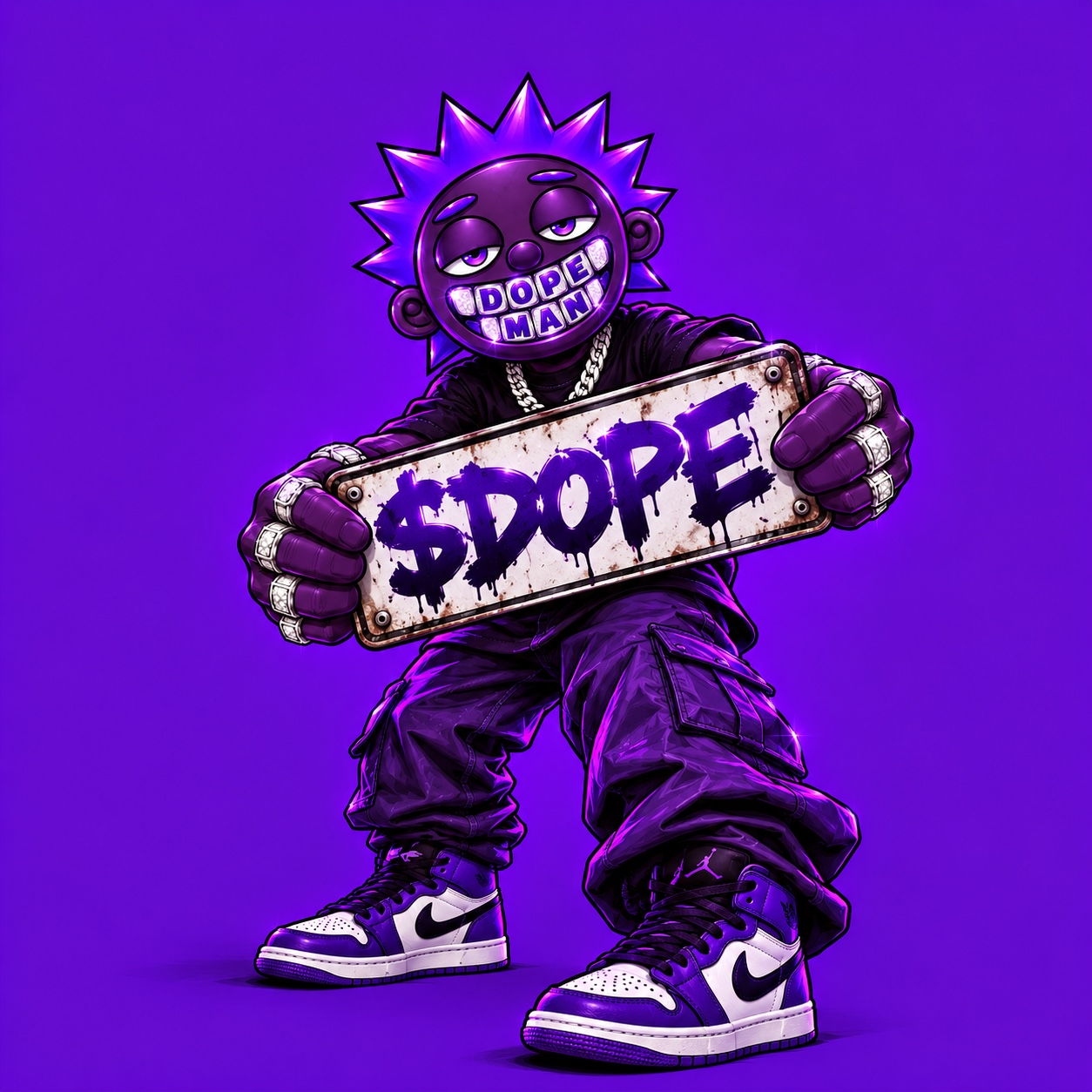 Dopeman, a purple spiky-haired mascot with chrome grills, holding a $DOPE sign